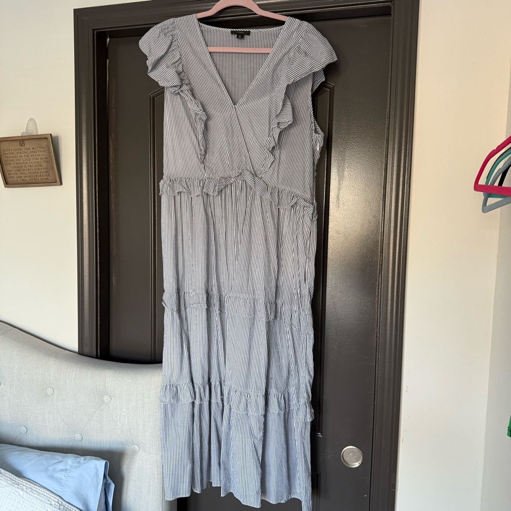 J. Crew blue-gray and white striped ruffle short sleeve midi dress